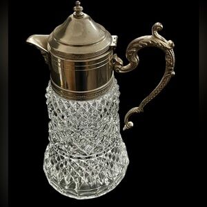 Vintage Crystal Diamond Cut Silverplate 11” Decanter Pitcher
